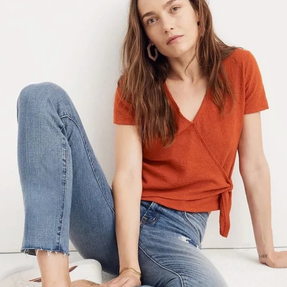 Madewell Texture & Thread Wrap-Tie Top — Wrap Cotton Blouse, XL